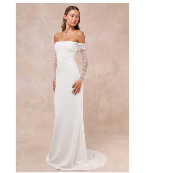 Lulus Beautifully Beloved White Mesh Off-the-Shoulder Maxi Dress Small New - Picture 3 of 5